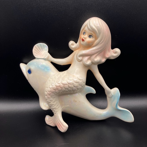 Vintage Iridescent Lefton Mermaid Riding a Dolphin - Picture 3 of 11